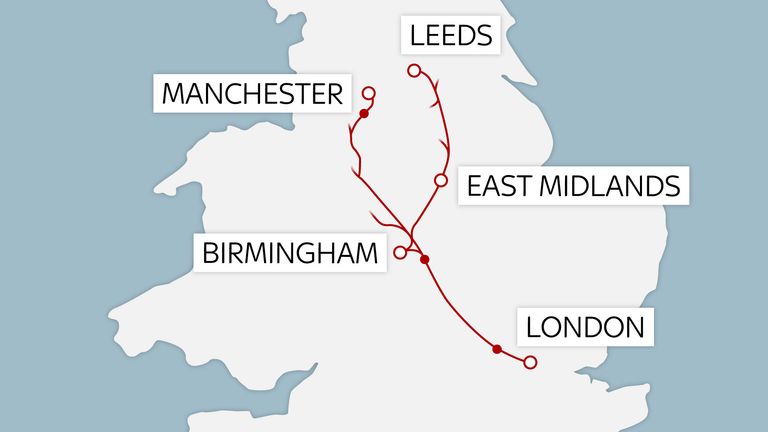 HS2 will run from London to the West Midlands and then on towards Leeds and Manchester