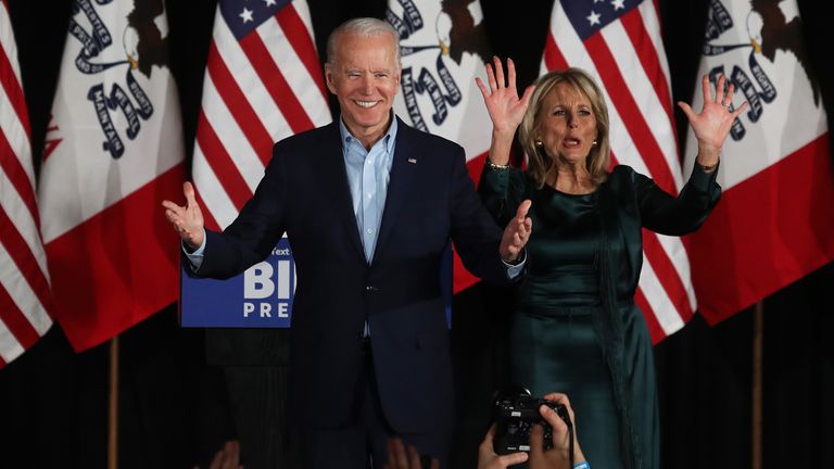 Democratic presidential candidate former Vice President Joe Biden and wife Dr. Jill Biden greet supporters at a caucus night watch party on February 03, 2020 in Des Moines, Iowa