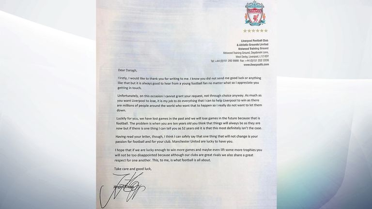 The letter from Liverpool manager Jurgen Klopp to 10 yr old Man Utd fan Daragh Curley. Pic: North West Newspix