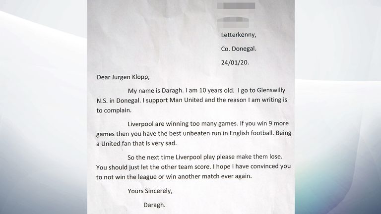 10 yr old Man Utd fan Daragh Curley&#39;s letter to Liverpool manager Jurgen Klopp. Pic: North West Newspix