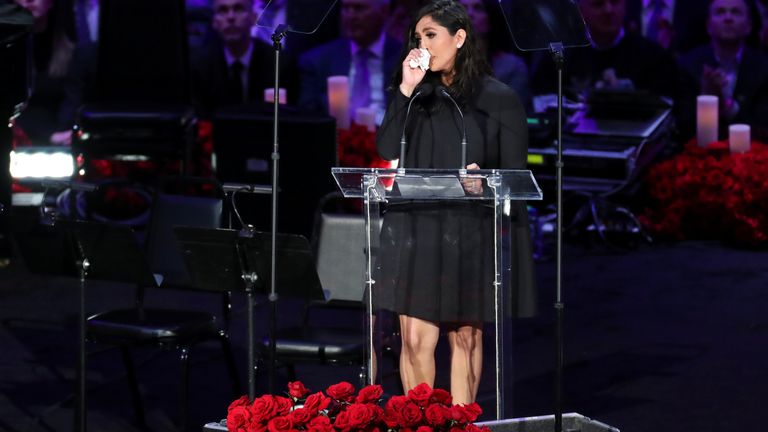 Vanessa Laine Bryant reacts during a public memorial for her late husband, NBA great Kobe Bryant, her daughter Gianna and seven others killed in a helicopter crash on January 26, at the Staples Center in Los Angeles, California, U.S., February 24, 2020. REUTERS/Lucy Nicholson