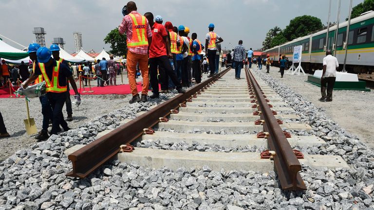 A prototype rail line, to be constructed by China Railway Construction Corporation (CRCC), on the Lagos-Ibadan rail line project at the Ebute-Metta headquarters of the Nigerian Railway Corporation in Lagos on March 7, 2017. 