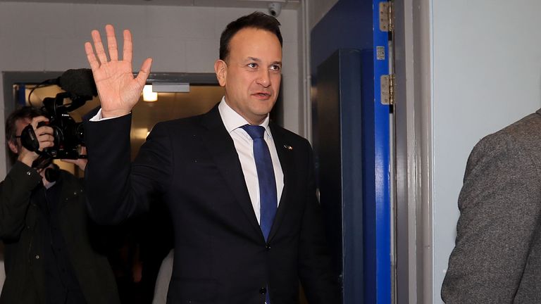 Fine Gael Leader Leo Varadkar arrives at the count centre in on February 9, 2020 in Dublin, Ireland