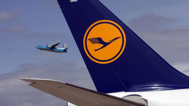 Picture shows the aerofoil of a Lufthansa Airbus A340 in front of a starting "KLM" airplane at the airport Duesseldorf on April 30, 2008 in Duesseldorf, Germany.