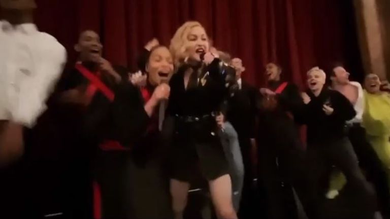 Madonna on stage with her backing dancers at the London Palladium. Pic: Instagram/@Madonna