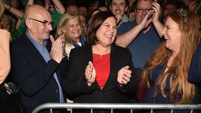 DUBLIN, IRELAND - FEBRUARY 09: Sinn Fein leader Mary Lou McDonald celebrates with her supporters after being elected at the RDS Count centre on February 9, 2020 in Dublin, Ireland. Ireland has gone to the polls following Taoiseach Leo Varadkar...s decision to call a snap election. In the last general election, no party came close to a majority and it took 10 weeks of negotiations to form a government with Varadkar...s party Fine Gael eventually forming a coalition with Fianna Fail. Sinn Fein and their leader Mary Lou McDonald have made a late surge and could become the largest party according to the latest opinion polls. In order to win an outright majority and govern alone, parties need to win 80 seats - many political experts have predicted another hung parliament with exit polls showing the three main parties deadlocked. (Photo by Charles McQuillan/Getty Images). 