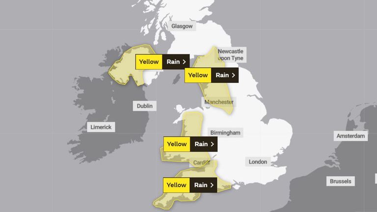 Several yellow weather warnings for rain are in place today. Pic: Met Office