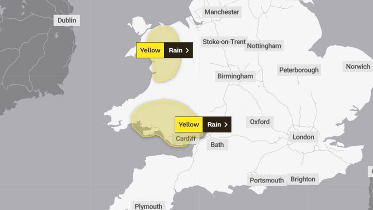 Yellow warnings for rain are in place in Wales from 6pm on Wednesday to 3pm on Thursday. Pic: Met Office