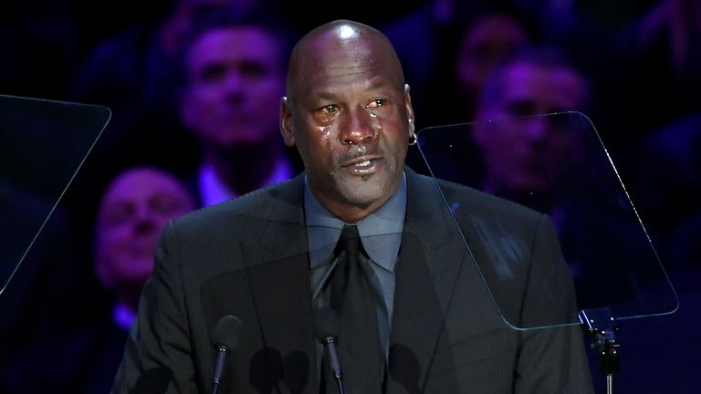 LOS ANGELES, CALIFORNIA - FEBRUARY 24: Michael Jordan speaks during the celebration of life for Kobe Gianna Bryant at the Staples Center on February 24, 2020 in Los Angeles, California. (Photo by Kevork Djansezian / Getty Images)