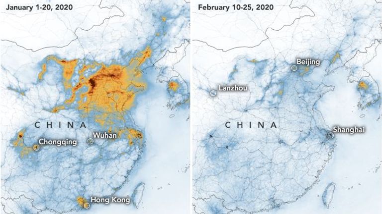 NASA says the outbreak is &#39;partly related&#39; to the decline in NO2 over China. Pic: NASA