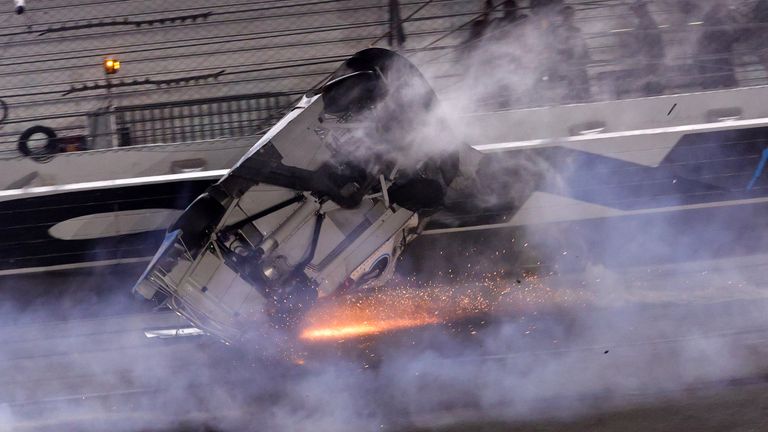 DAYTONA BEACH, FLORIDA - FEBRUARY 17: Ryan Newman, driver of the #6 Koch Industries Ford, flips over as he crashes during the NASCAR Cup Series 62nd Annual Daytona 500 at Daytona International Speedway on February 17, 2020 in Daytona Beach, Florida. (Photo by Chris Graythen/Getty Images)