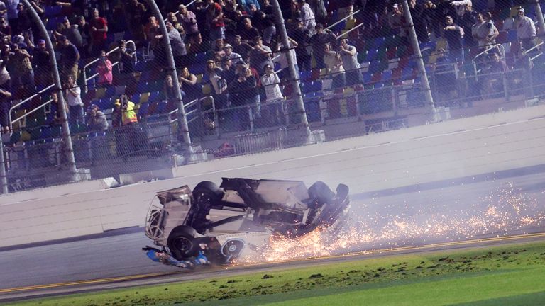 DAYTONA BEACH, FLORIDA - FEBRUARY 17: Ryan Newman, driver of the #6 Koch Industries Ford, flips over as he crashes during the NASCAR Cup Series 62nd Annual Daytona 500 at Daytona International Speedway on February 17, 2020 in Daytona Beach, Florida. (Photo by Chris Graythen/Getty Images)