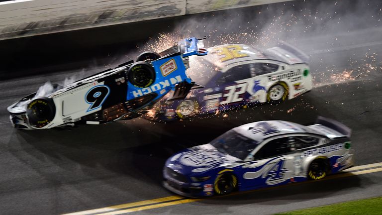 DAYTONA BEACH, FLORIDA - FEBRUARY 17: Ryan Newman, driver of the #6 Koch Industries Ford, flips over as he crashes during the NASCAR Cup Series 62nd Annual Daytona 500 at Daytona International Speedway on February 17, 2020 in Daytona Beach, Florida. (Photo by Jared C. Tilton/Getty Images)