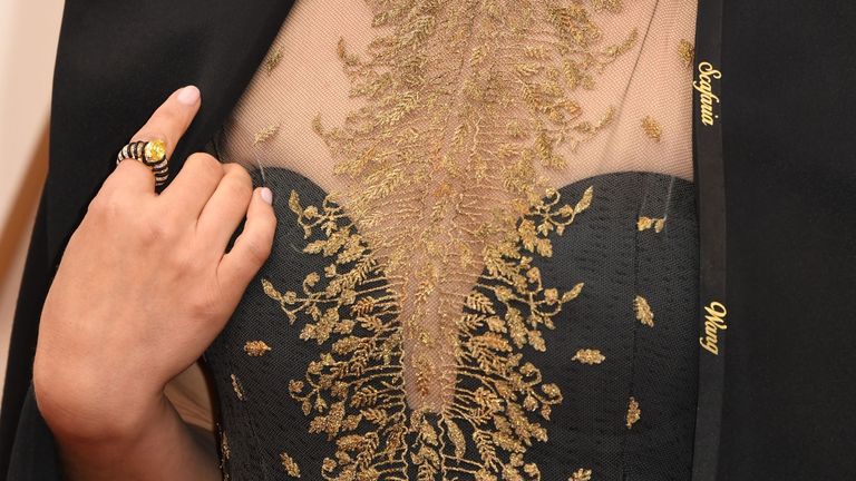 US-Israeli actress Natalie Portman wears a cape with the names of female film directors who were not nominated for Oscars as she arrives for the 92nd Oscars at the Dolby Theatre in Hollywood, California on February 9, 2020.