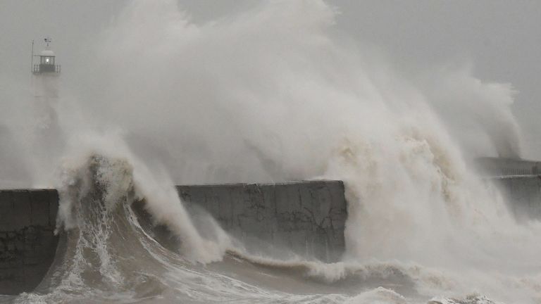 Large waves caused by Storm Ciara hit the the seafront and wall in Newhaven, Britain February 9, 2020