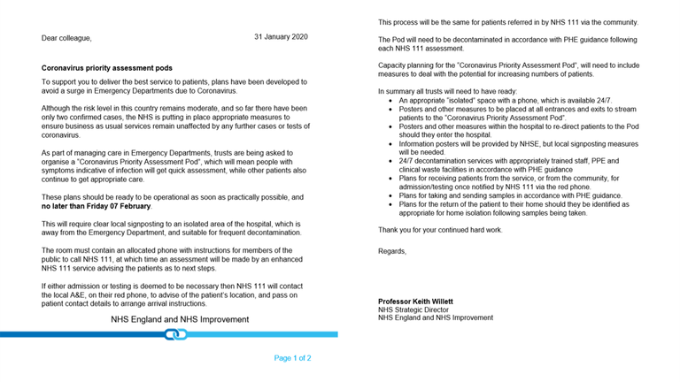 The letter sent to hospitals on Wednesday
