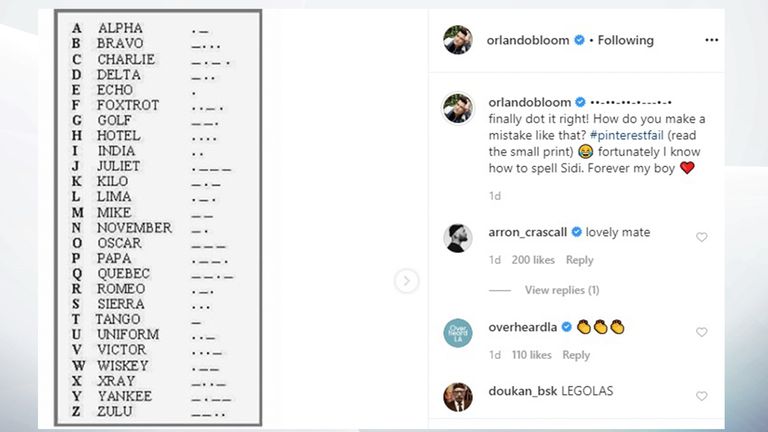 Bloom also shared a photo of the Morse code alphabet. Pic: Orlando Bloom/Instagram