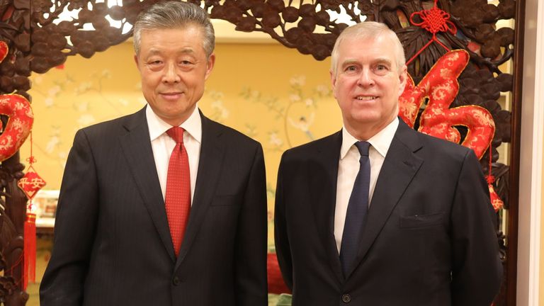 Prince Andrew is pictured with the Chinese ambassador to the UK, Liu Xiaoming. Pic: @AmbLiuXiaoMing