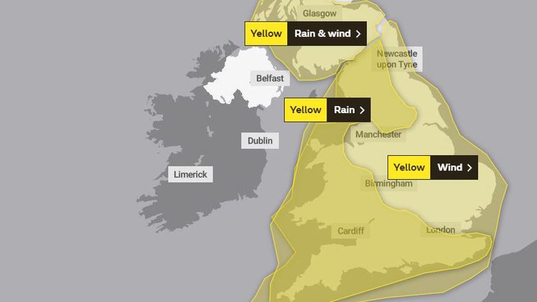 Saturday&#39;s weather warnings as Storm Dennis arrives. Pic: Met Office