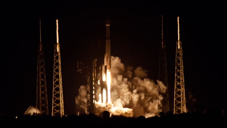The Solar Orbiter spacecraft, built for NASA and the European Space Agency, lifts off from pad 41 aboard a United Launch Alliance Atlas V rocket at the Cape Canaveral Air Force Station in Cape Canaveral, Florida