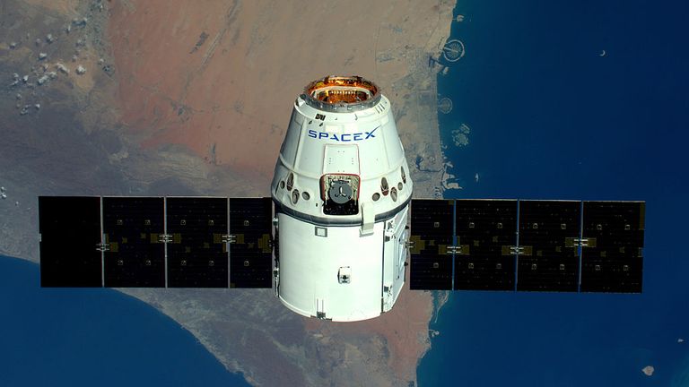 IN SPACE - APRIl 10: (EDITORIAL USE ONLY) (NO SALES) This handout image supplied by the European Space Agency (ESA), shows a view of The Palms, Dubai as the SpaceX Dragon spacecraft psses below, in an image taken by ESA astronaut Tim Peake from the International Space Station on April 10, 2016. ESA astronaut Tim Peake is performing more than 30 scientific experiments and taking part in numerous others from ESA&#39;s international partners during his six-month mission, named Principia, after Isaac Ne