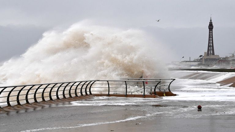 High winds caused by Storm Ciara saw large waves on the beach in Blackpool