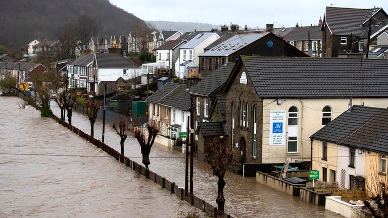 Flooded houses on Sion Street after the River Taff burst its banks in Pontypridd, Wales