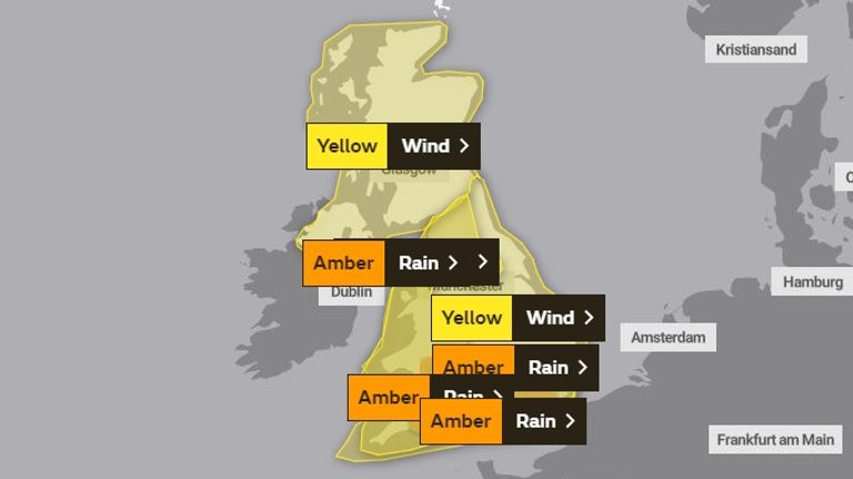 Weather warnings for Sunday. Pic: Met Office