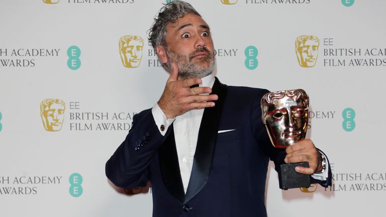 LONDON, ENGLAND - FEBRUARY 02:   Taika Waititi, winner of the Best Adapted Screenplay award for "Jojo Rabbit", poses in the Winners Room at the EE British Academy Film Awards 2020 at Royal Albert Hall on February 2, 2020 in London, England. (Photo by David M. Benett/Dave Benett/Getty Images)