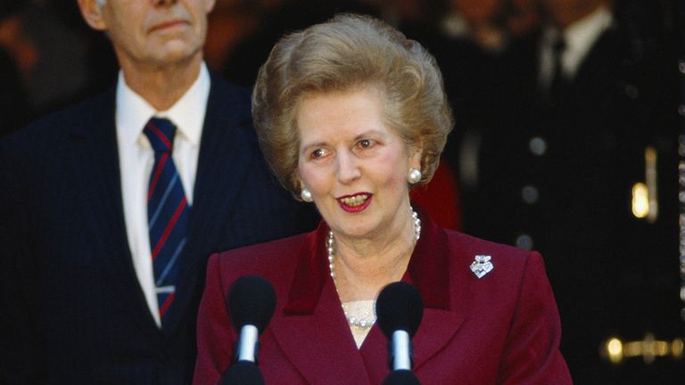 Margaret Thatcher addresses the press outside Number 10, Downing Street after her resignation