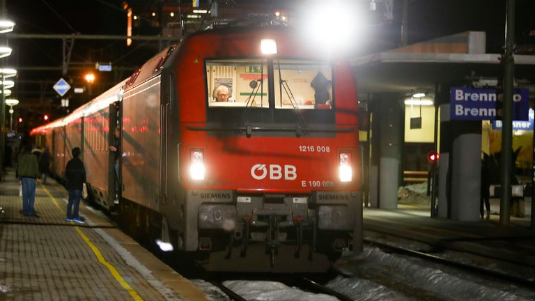 A train stopped by authorities stands on the tracks at the train station on the Italian side of the Brenner Pass, Italy