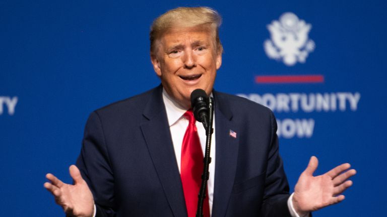 CHARLOTTE, NC - FEBRUARY 07: U.S. President Donald Trump addresses the crowd during the Opportunity Now summit at Central Piedmont Community College on February 7, 2020 in Charlotte, North Carolina.