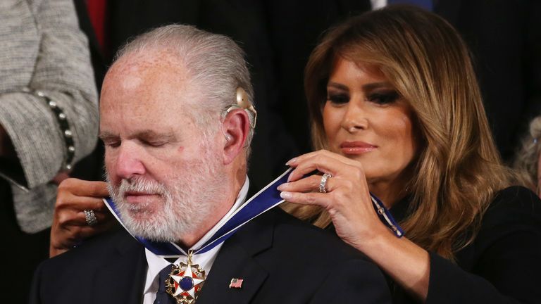 Radio personality Rush Limbaugh reacts as First Lady Melania Trump gives him the Presidential Medal of Freedom during the State of the Union address