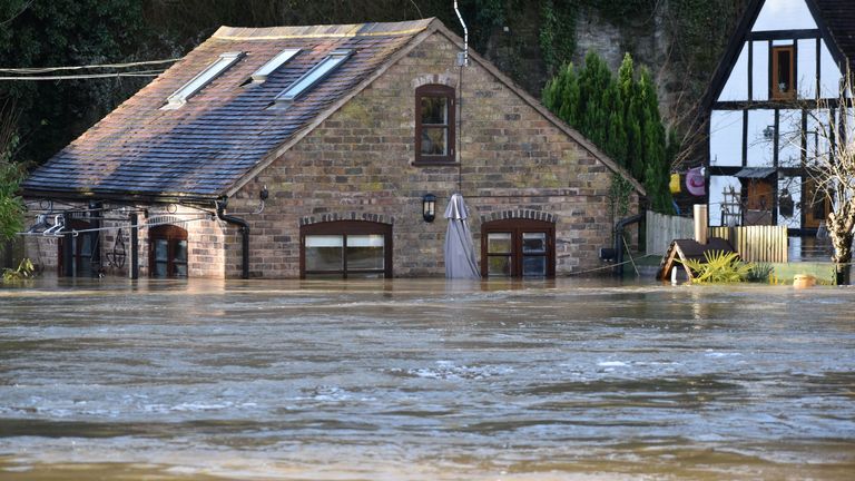 A flood-hit property at Ironbridge in Shropshire 