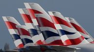 Tail Fins of British Airways planes are seen parked at Heathrow airport as the spread of the coronavirus disease (COVID-19) continues, London, Britain, March 31, 2020. REUTERS/Toby Melville