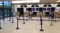 Unmanned check-in desks at Belfast Airport as Flybe, Europe&#39;s biggest regional airline, has collapsed into administration. PA Photo. Picture date: Thursday March 5, 2020. See PA story AIR FlyBe. Photo credit should read: David Young/PA Wire
