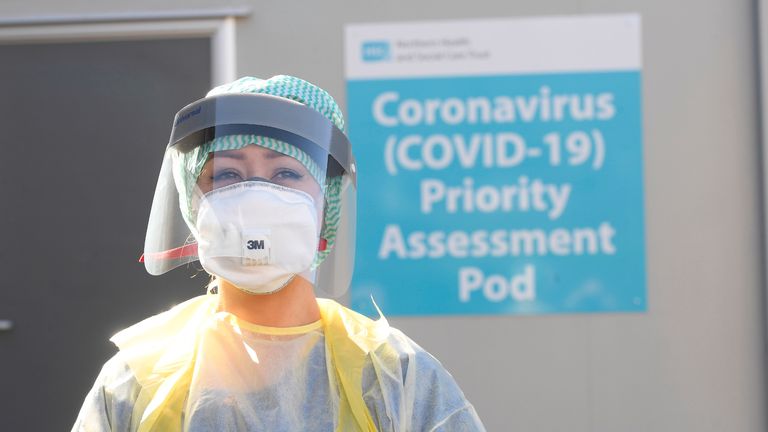 An Emergency Department Nurse during a demonstration of the Coronavirus pod and COVID-19 virus testing procedures set-up beside the Emergency Department of Antrim Area Hospital, Co Antrim in Northern Ireland. PA Photo. Picture date: Wednesday March 4, 2020. See PA story HEALTH Coronavirus Ulster. Photo credit should read: Michael Cooper/PA Wire