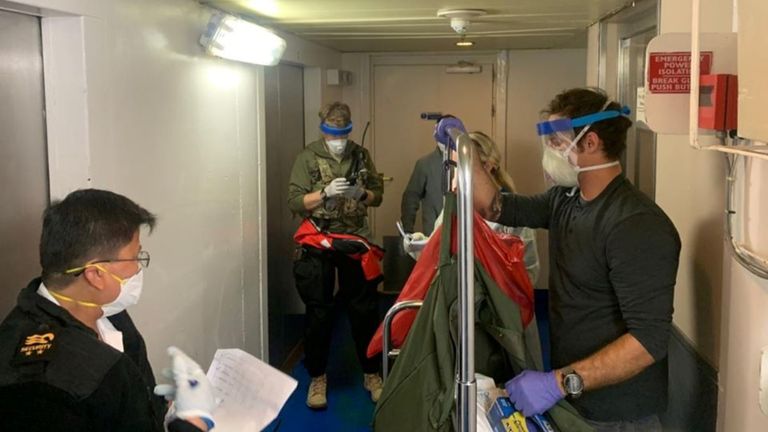 Medical personnel Guardian Angels with the 129th Rescue Wing, alongside individuals from the CDC don full personal protective equipment as they prepare to test travelers on the Grand Princess cruise ship for the coronavirus currently off the coast of California, U.S. in this handout photograph obtained on March 5, 2020. California National Guard/Handout via REUTERS        ATTENTION EDITORS - THIS IMAGE WAS PROVIDED BY A THIRD PARTY.?