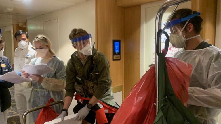 Medical personnel Guardian Angels with the 129th Rescue Wing, alongside individuals from the CDC don full personal protective equipment as they prepare to test travelers on the Grand Princess cruise ship for the coronavirus currently off the coast of California, U.S. in this handout photograph obtained on March 5, 2020. California National Guard/Handout via REUTERS     ATTENTION EDITORS - THIS IMAGE WAS PROVIDED BY A THIRD PARTY.?