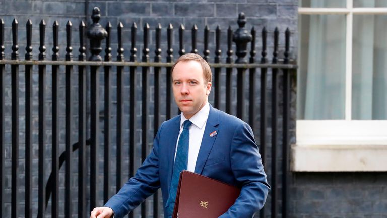 Britain's Health Secretary Matt Hancock arrives for a meeting of the cabinet at 10 Downing Street on March 11, 2020 ahead of the announcement of Britain's first post-Brexit budget. - Britain unveils its first post-Brexit budget on on March 11, with all eyes on emergency government measures to ease the economic pain from the coronavirus outbreak. (Photo by Tolga AKMEN / AFP) (Photo by TOLGA AKMEN/AFP via Getty Images)