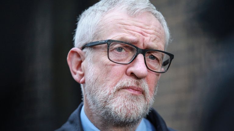 Labour party leader Jeremy Corbyn speaks to the media on the coronavirus pandemic outside the Finsbury Park Jobcentre, north London.