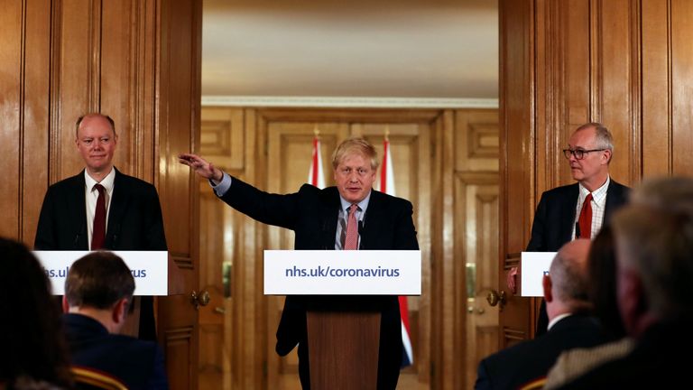 Prime Minister Boris Johnson, alongside Chief Medical Officer for England Chris Whitty (left) and Chief Scientific Adviser Sir Patrick Vallance (right), during a press conference, at 10 Downing Street, London, after the latest COBRA meeting to discuss the government's response to coronavirus crisis.