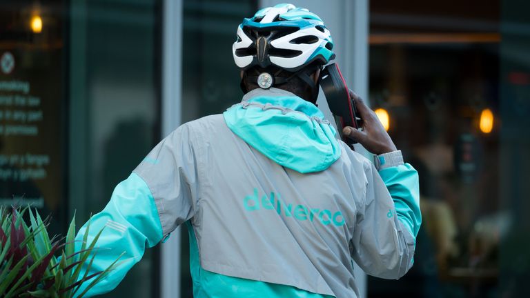 CARDIFF, UNITED KINGDOM - MAY 21: A Deliveroo worker on May 21, 2019 in Cardiff, United Kingdom. (Photo by Matthew Horwood/Getty Images)