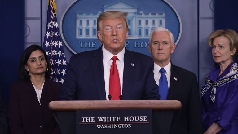 WASHINGTON, DC - MARCH 18: Flanked by members of the Coronavirus Task Force, U.S. President Donald Trump speaks during a news briefing on the latest development of the coronavirus outbreak in the U.S. in the James Brady Press Briefing Room at the White House March 18, 2020 in Washington, DC. President Trump announced on Twitter that the U.S. and Canada will close their border to non-essential traffic to try and stop the spread of the COVID-19 pandemic. (Photo by Alex Wong/Getty Images)
