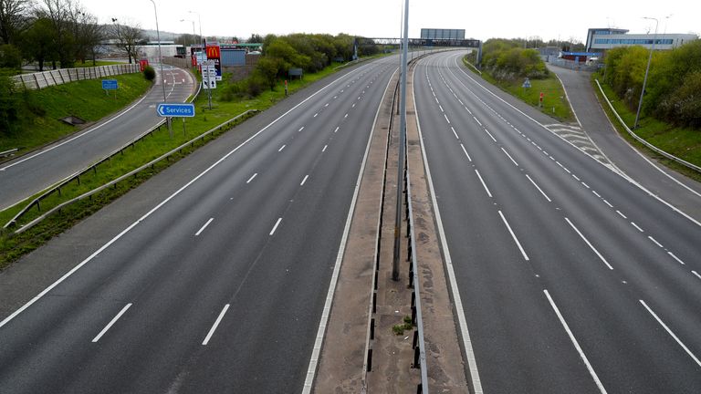 An empty stretch of the M5 motorway in Strensham, Worcestershire as the UK continues in lockdown to help curb the spread of the coronavirus.