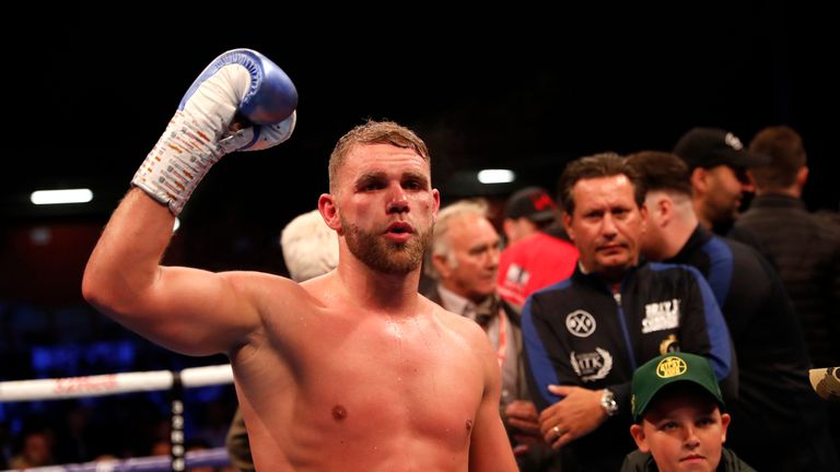STEVENAGE, ENGLAND - MAY 18: Billy Joe Saunders celebrats the win over Shefat Isufi during the WBO WORLD SUPER-MIDDLEWEIGHT CHAMPIONSHIP at The Lamex Stadium on May 18, 2019 in Stevenage, England. (Photo by Luke Walker/Getty Images)
