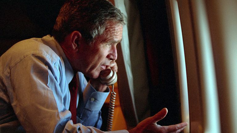 U.S. President George W. Bush speaks to Vice President Dick Cheney by
phone aboard Air Force One after departing Offutt Air Force Base in
Nebraska, September 11, 2001, on the day of the terror attacks in New
York and Washington. Bush on September 16, 2001 asked "horrified"
Americans to go back to work this week, cautioning them to be alert for
more attacks and to brace for a long crusade to "rid the world of
evildoers". Picture released by the White House on September 16.
REUTERS/WHITE HOUSE photo by Eric Draper

ME