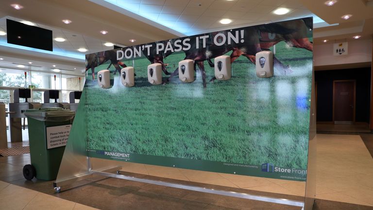 Hand Sanitiser stations at Cheltenham Racecourse in response to the Coronavirus outbreak. The Cheltenham Festival 2020 begins tomorrow - Tuesday March 10, 2020.