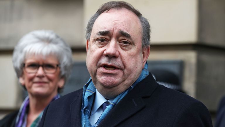 Alex Salmond speaks outside the High Court in Edinburgh after he was cleared of attempted rape and a series of sexual assaults, including one with intent to rape, against nine women, who were all either working for the Scottish Government or within the SNP at the time. PA Photo. Picture date: Monday March 23, 2020. See PA story COURTS Salmond. Photo credit should read: Andrew Milligan/PA Wire 