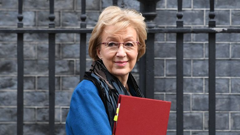 Business Secretary Andrea Leadsom leaves Downing Street after a National Security Council meeting.